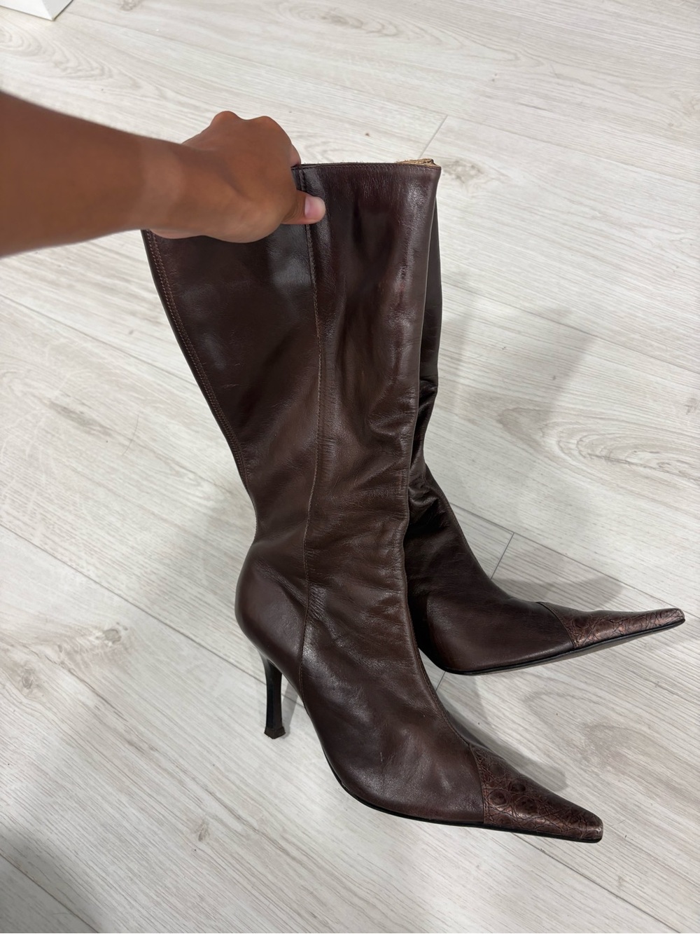 Women's Dark Brown Leather Pointed-Toe Knee-High Heeled Boots - Picture 3 of 5